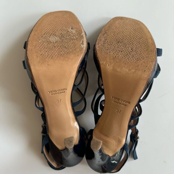 Bacta Dei Toi Made In Italy Mixed Leather 4.5” Heel Navy Sandals Size 37 6.5 - Picture 7 of 9